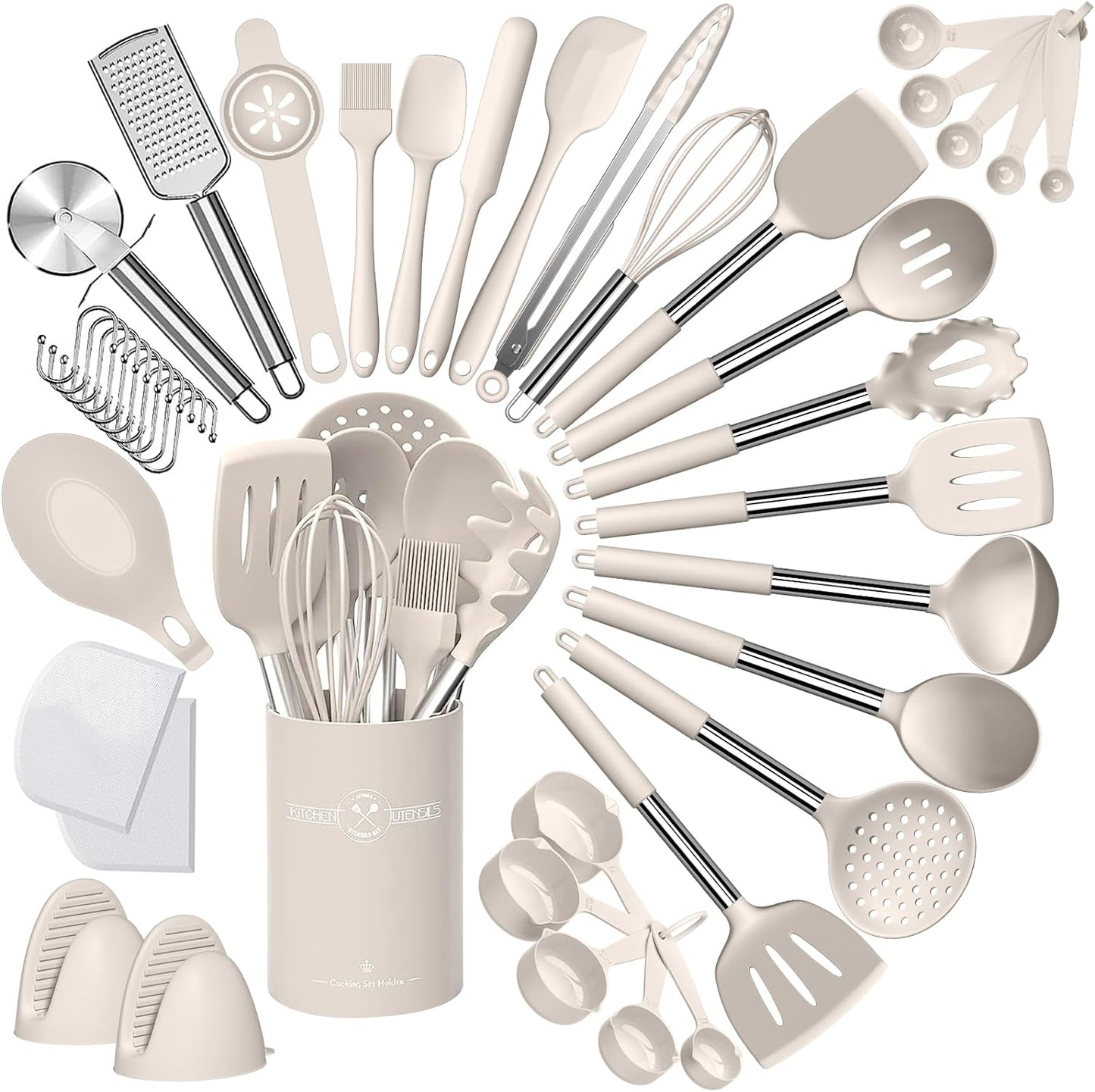 43-Piece Grey Silicone Kitchen Utensil Set with Stainless Steel Handles - Non-Stick and Heat-Resistant Cookware Essentials