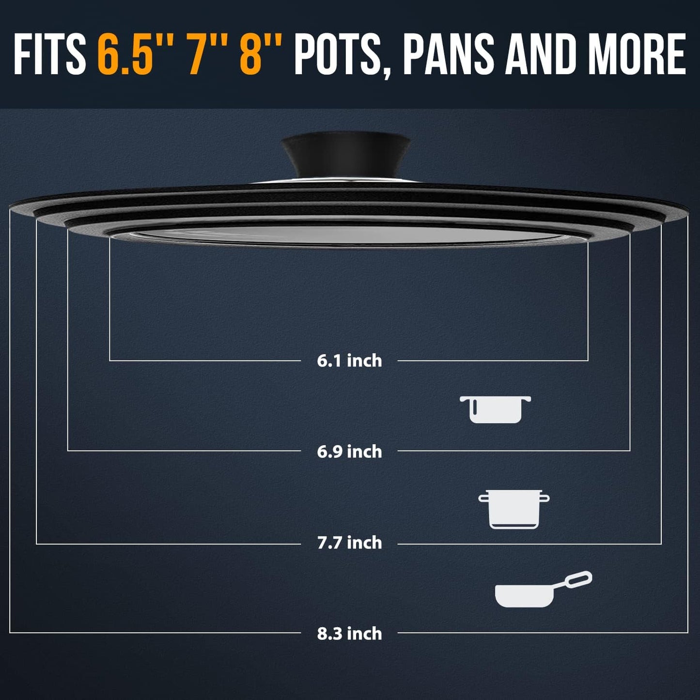 Universal Tempered Glass Lid for Cookware - Fits 6.5", 7", and 8" Diameter Pots, Pans, and Skillets with Heat Resistant Silicone Rim