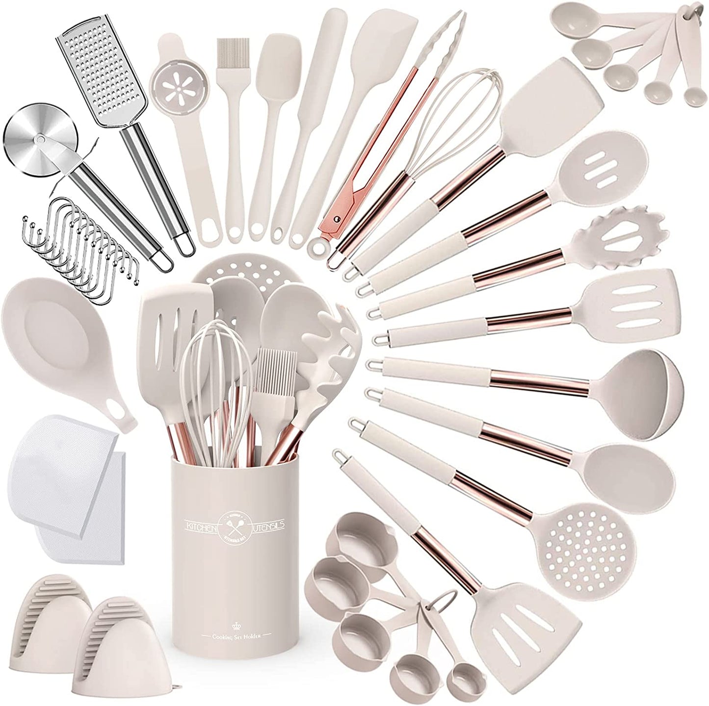 43-Piece Grey Silicone Kitchen Utensil Set with Stainless Steel Handles - Non-Stick and Heat-Resistant Cookware Essentials
