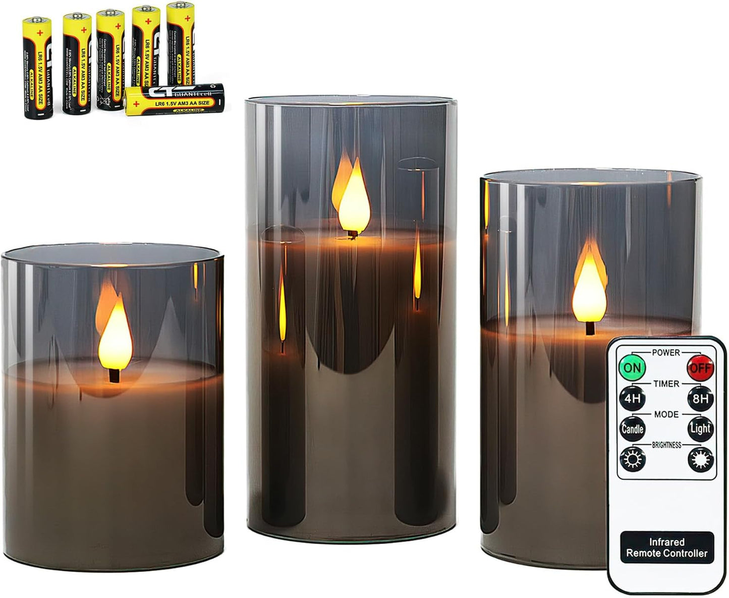 Battery-Operated LED Candles with Remote Control and Timer, Smoked Ribbed Glass Design, Warm White Light - Set of 3 with 6 Batteries Included for Home Decor