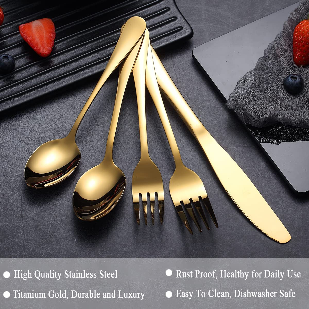 20-Piece Elegant Titanium Gold-Plated Stainless Steel Flatware Set for Four with Polished Finish