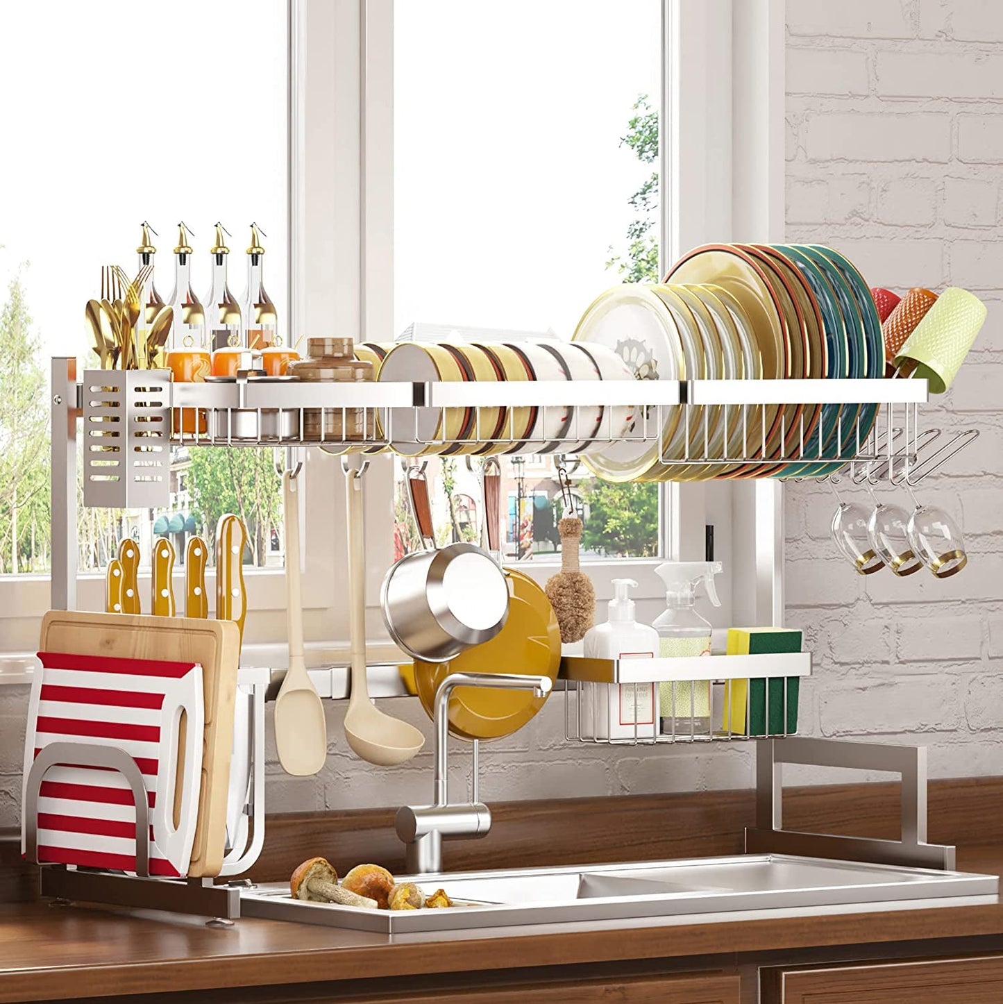 Adjustable 2-Tier Stainless Steel Over-Sink Dish Drying Rack for Kitchen Organization (26"-38") - Black Finish