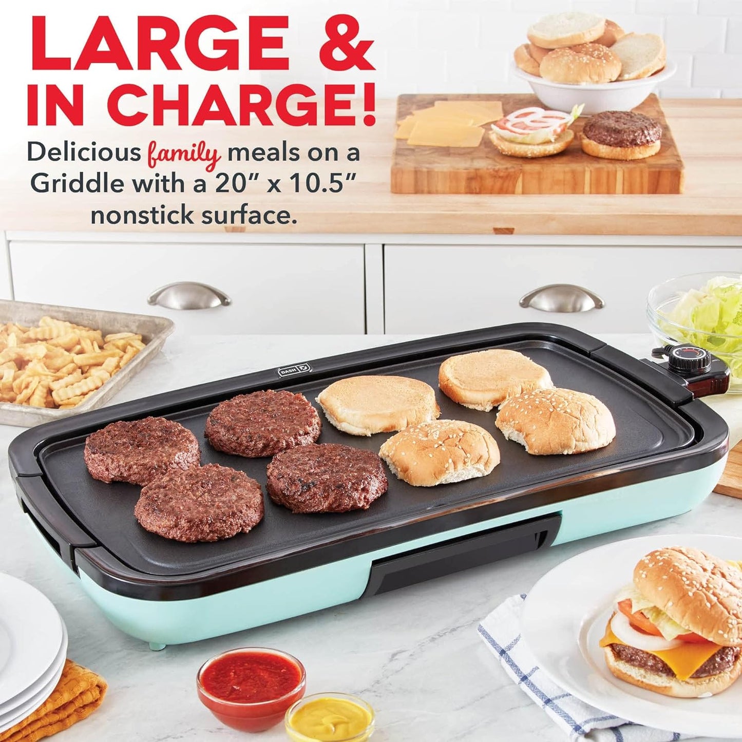 Deluxe Everyday Electric Griddle with Removable Nonstick Cooking Plate, Dishwasher Safe, Includes Drip Tray and Recipe Book, 20” x 10.5”, 1500 Watts - Aqua