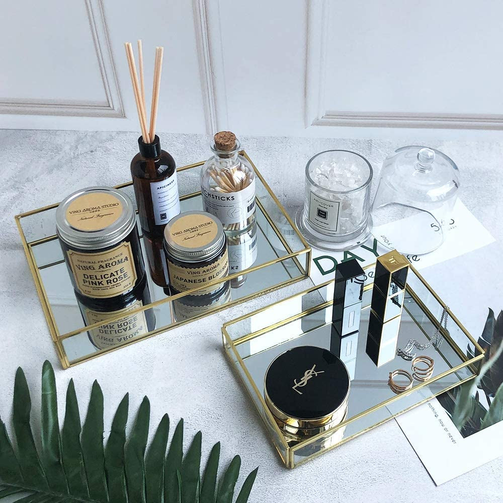 Sophisticated Gold Mirror Tray for Jewelry and Makeup Organization