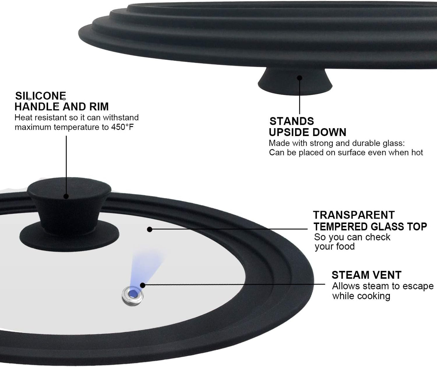 Universal Tempered Glass Lid for Cookware - Fits 6.5", 7", and 8" Diameter Pots, Pans, and Skillets with Heat Resistant Silicone Rim