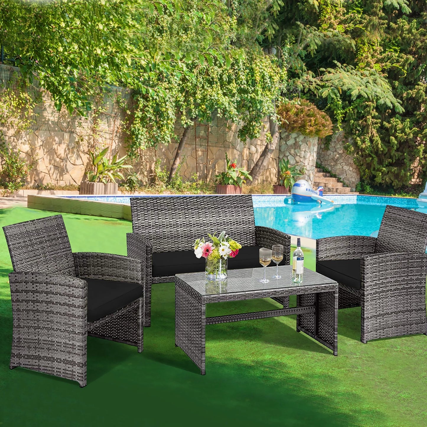 Elegant 4-Piece Navy Rattan Patio Furniture Set with Glass Table - Exceptional Comfort for Outdoor Living