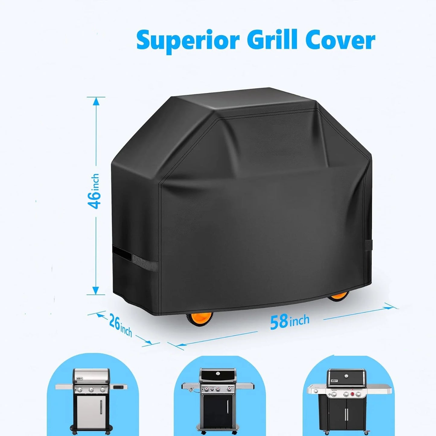 Heavy-Duty 58-Inch Waterproof Grill Cover for 4-6 Burner Outdoor Gas Grills, UV and Fade Resistant, Fits Grills Up to 56 Inches Wide, Black