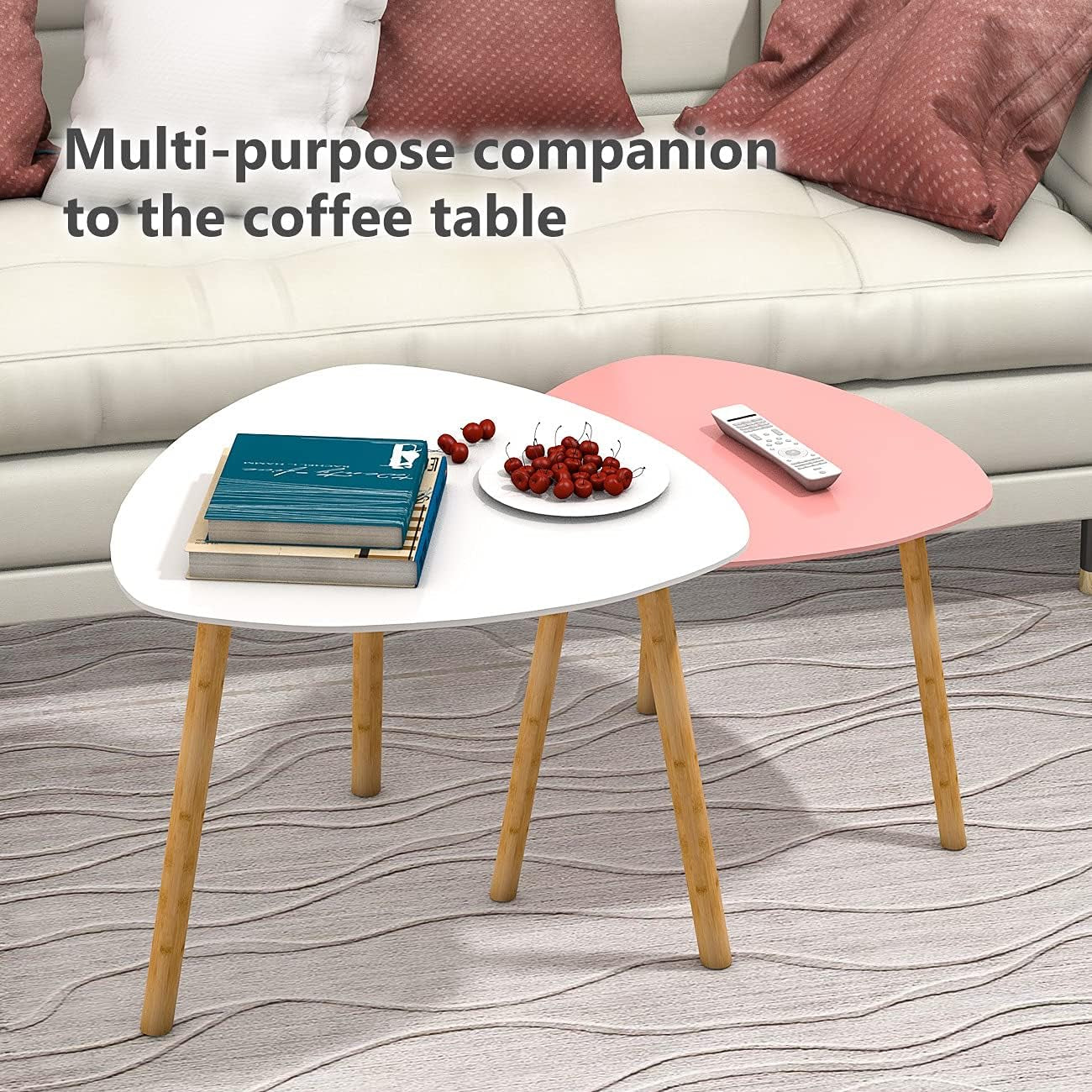 Contemporary Bamboo Nesting Coffee Tables - Set of 2 Triangular End Tables for Compact Living Spaces in White and Pink