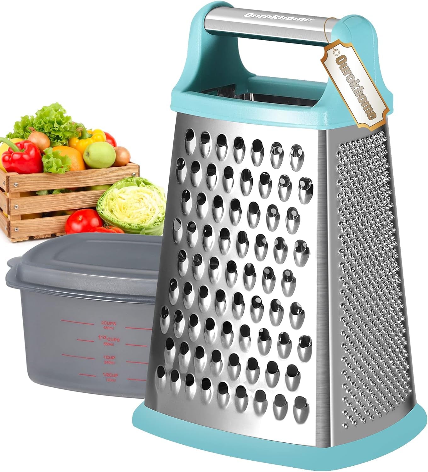 Professional Stainless Steel Box Grater with Handle - Versatile 4-Sided Shredder and Slicer with Container for Cheese, Vegetables, and More (Black)