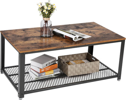 Industrial-Style Coffee Table with Two-Tier Design, Mesh Shelf, Steel Frame, and Adjustable Feet in Rustic Brown and Black Finish