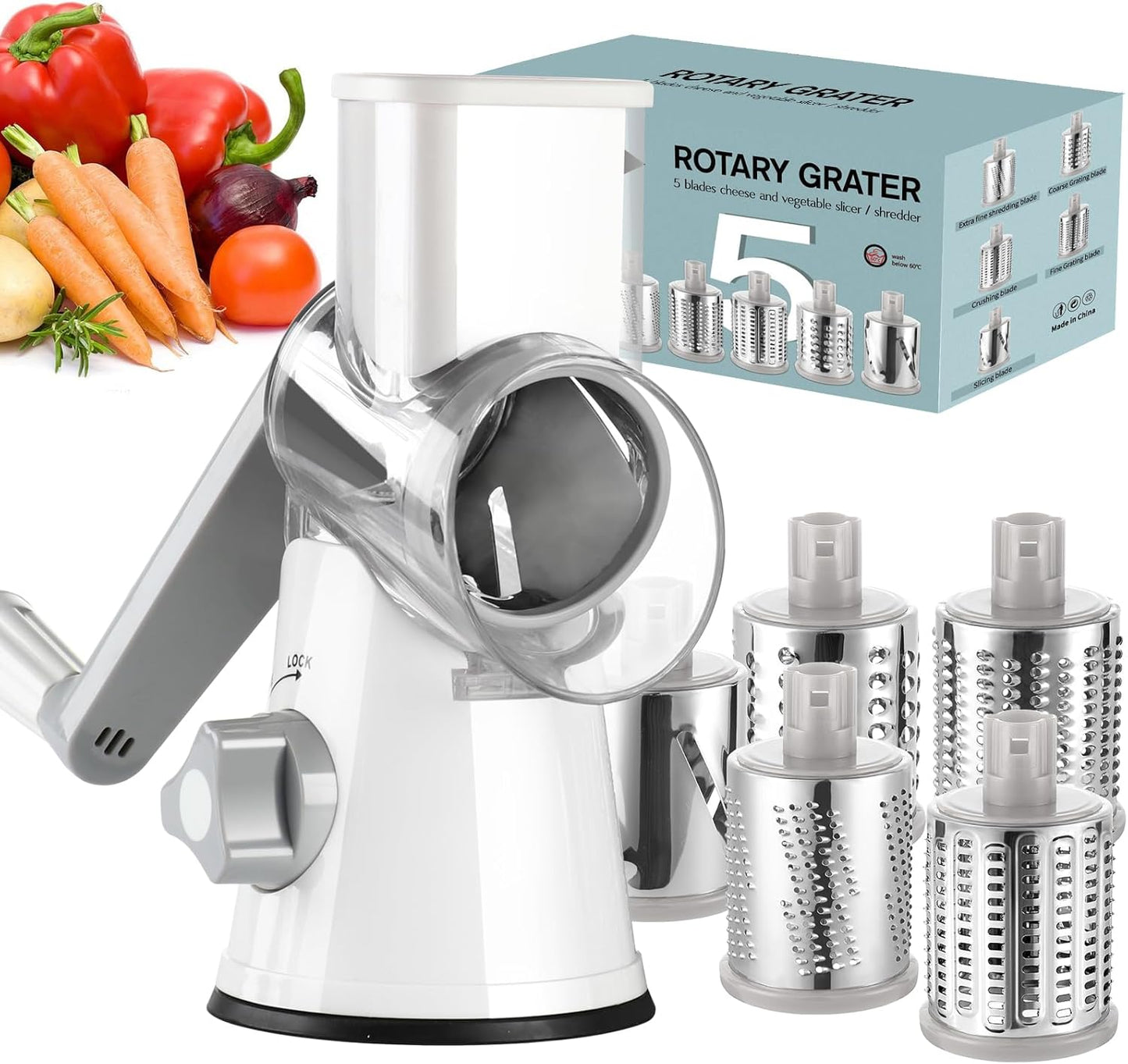 Hand Crank Rotary Cheese Grater and Kitchen Shredder with Three Drum Blades for Cheese, Vegetables, Nuts, and More - Green