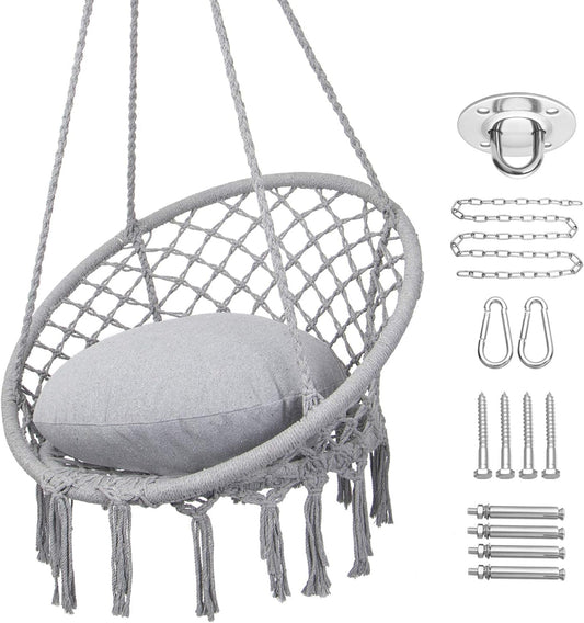 Y-STOP Macrame Hammock Chair - 330 lb Capacity, Hanging Cotton Rope Swing for Indoor and Outdoor Use, Light Grey