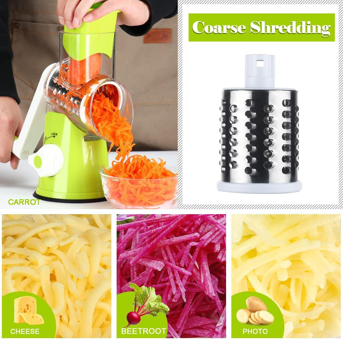 Hand Crank Rotary Cheese Grater and Kitchen Shredder with Three Drum Blades for Cheese, Vegetables, Nuts, and More - Green