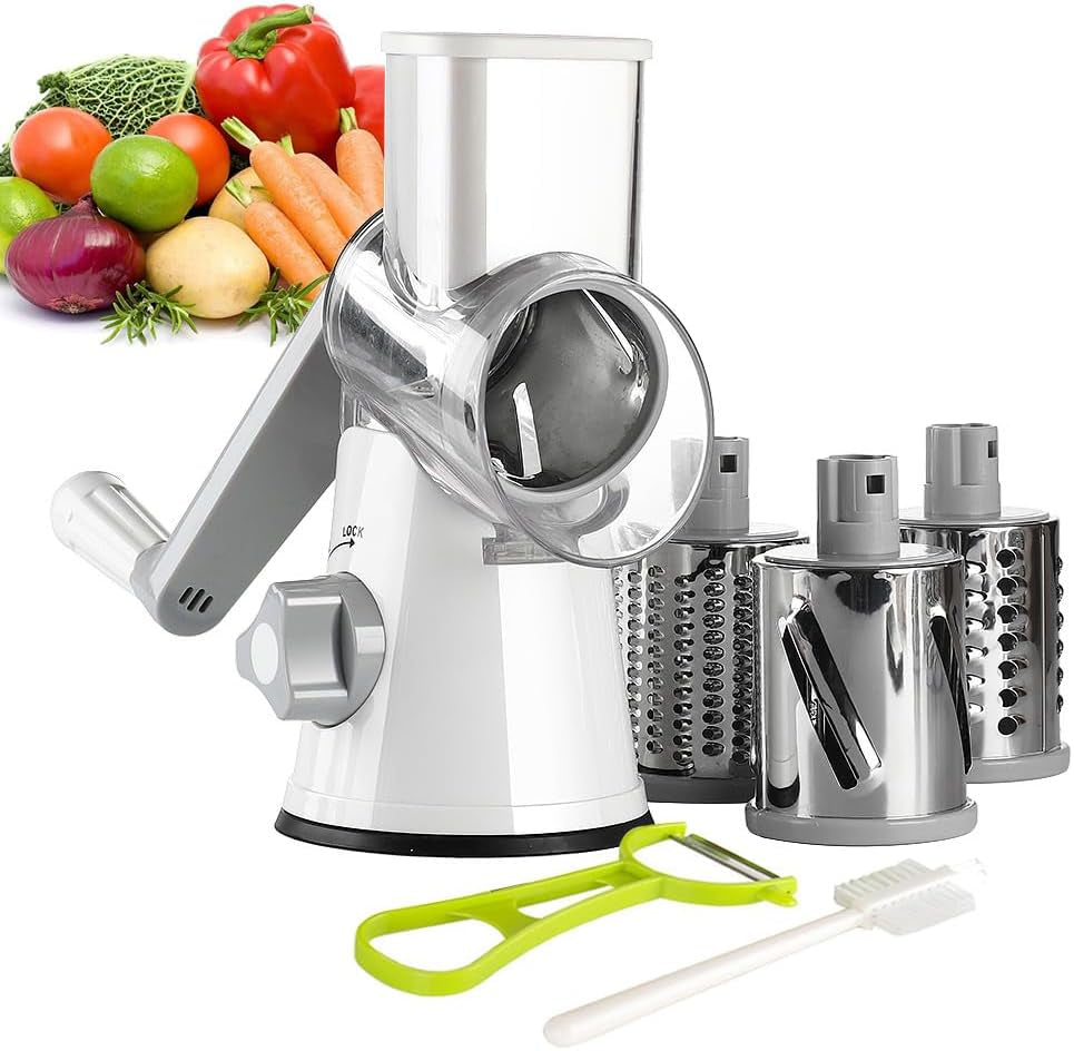 Hand Crank Rotary Cheese Grater and Kitchen Shredder with Three Drum Blades for Cheese, Vegetables, Nuts, and More - Green