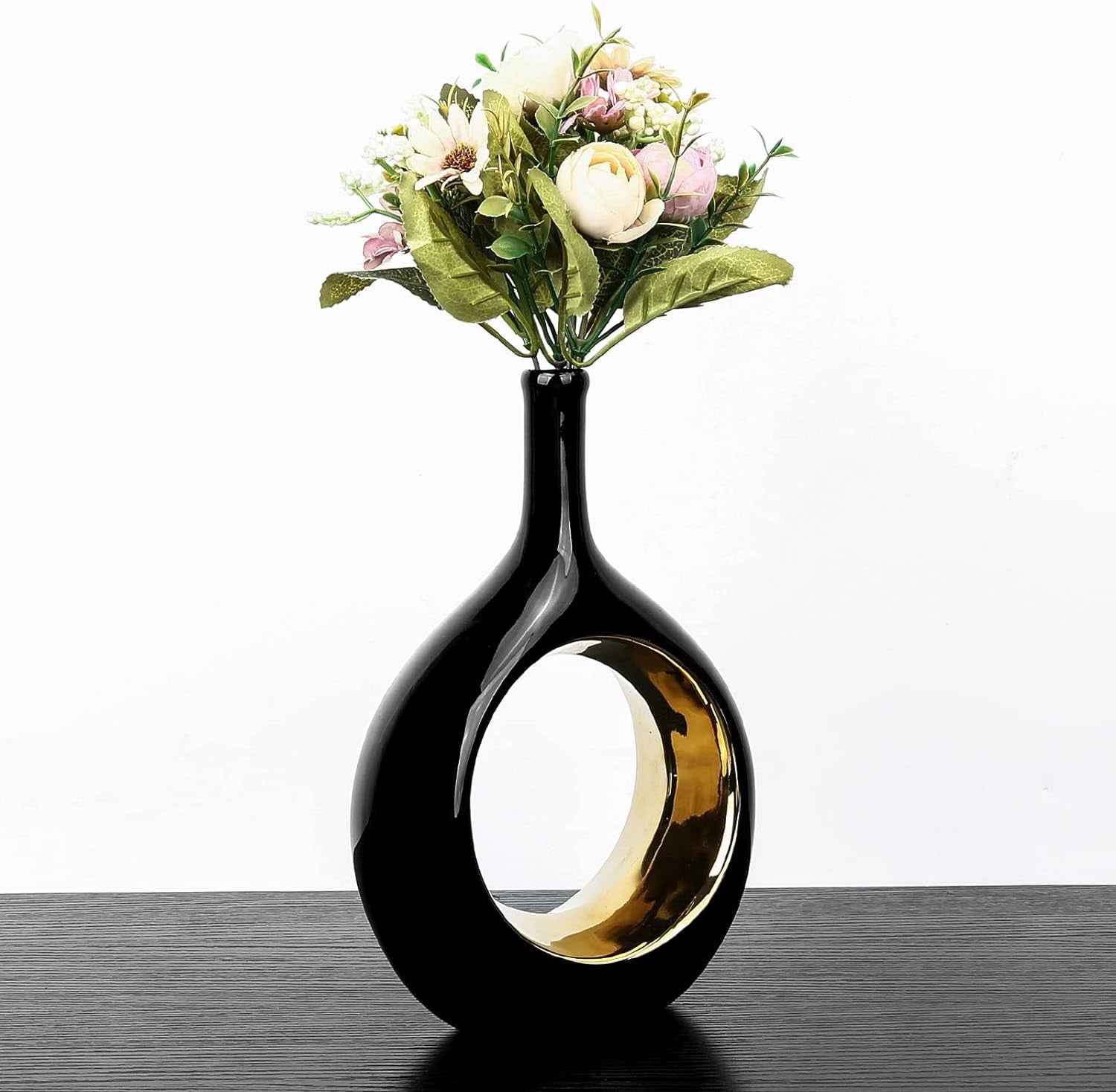 Elegant Samawi Black and Gold Ceramic Vase Set - Modern Decorative Vases for Home Decor & Pampas Grass