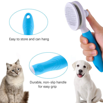 Self-Cleaning Slicker Brush for Dogs and Cats - Effective Grooming Tool for Removing Loose Undercoat, Mats, and Tangled Hair, Includes Flea Comb