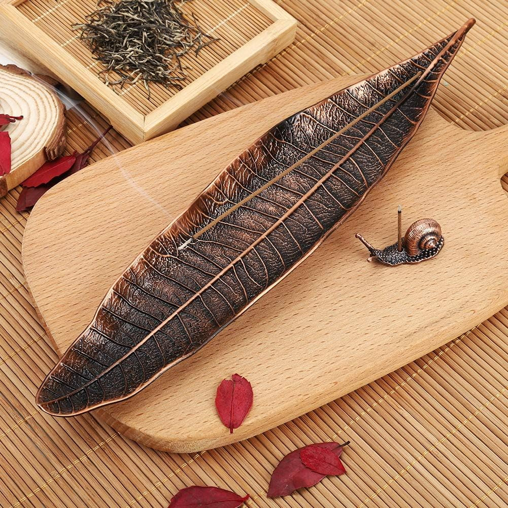 Incense Holder Set - Leaf and Snail Design, Red Copper Incense Burner and Ash Catcher for Meditation, Yoga, Home, and Office Use