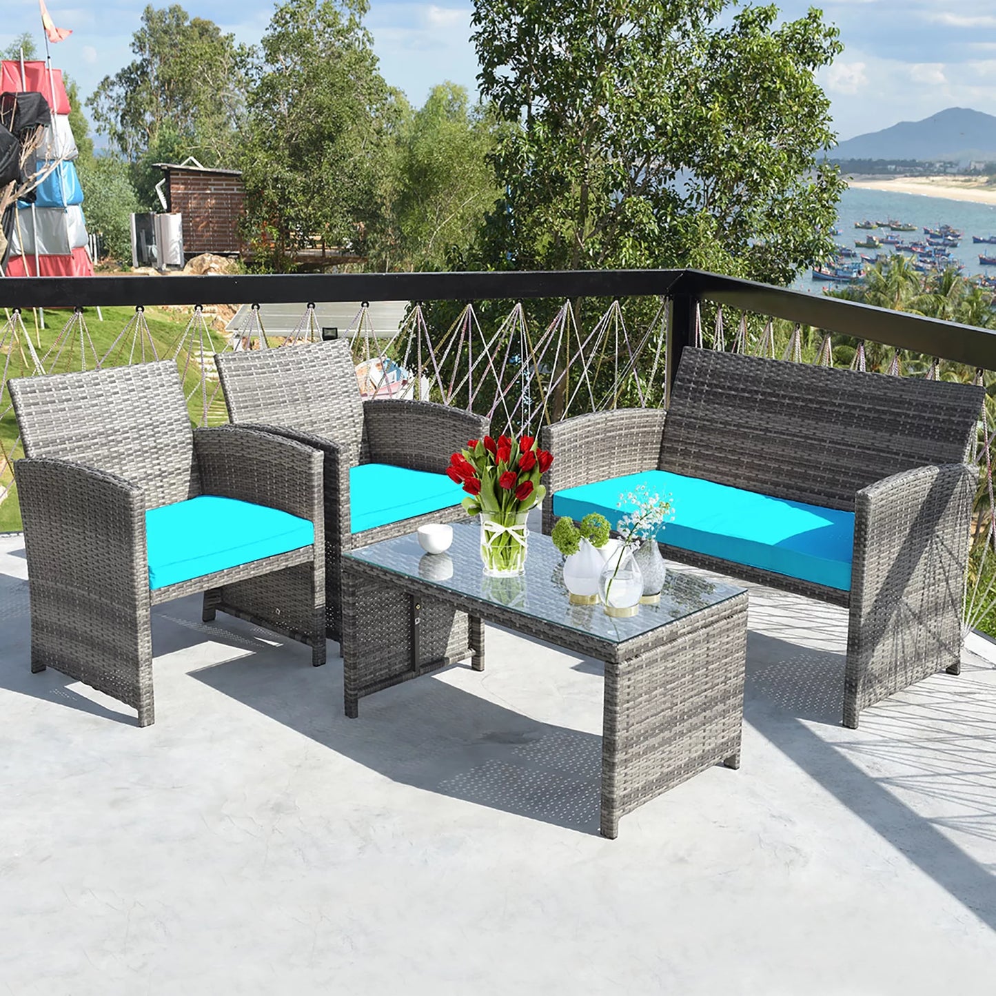 Elegant 4-Piece Navy Rattan Patio Furniture Set with Glass Table - Exceptional Comfort for Outdoor Living