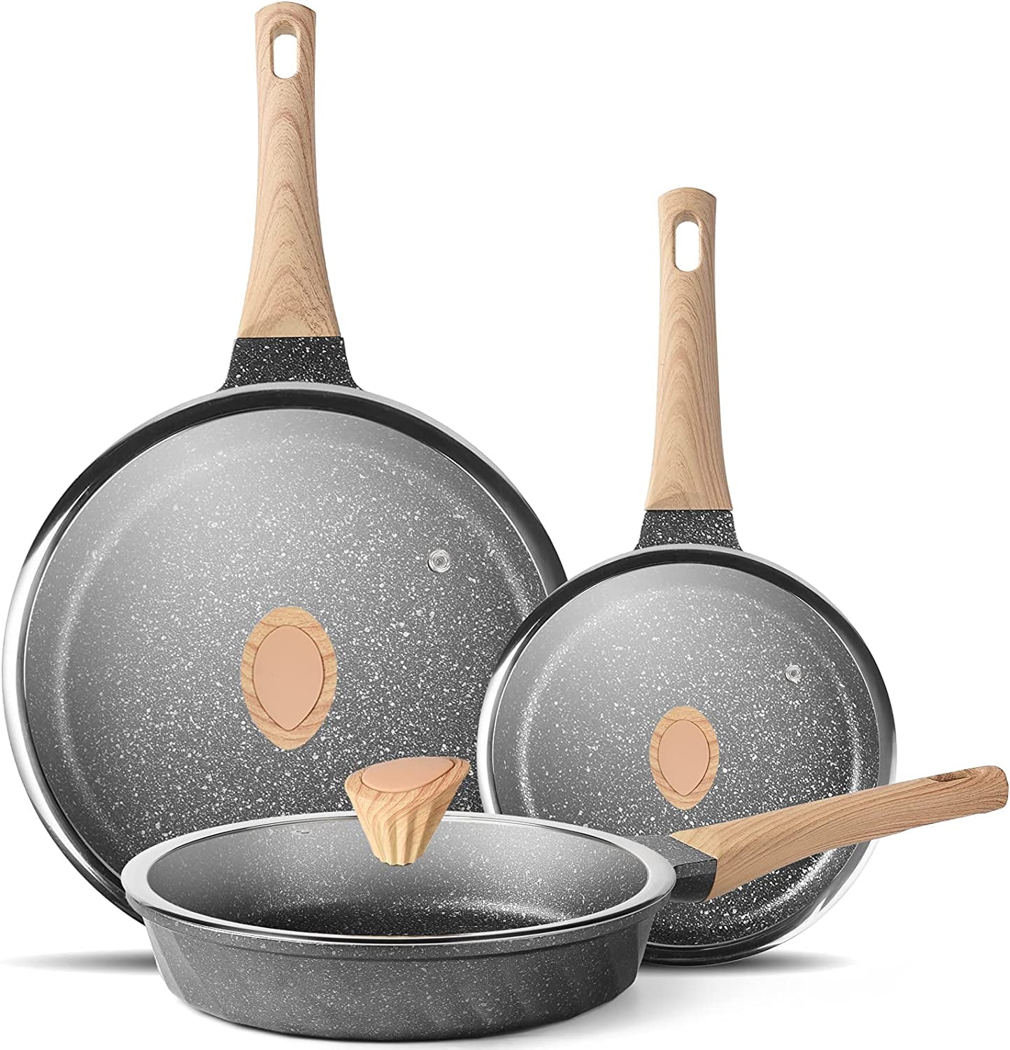 Granite Nonstick Induction Frying Pan Set - Ideal for Omelettes, Gift for Her (8", 9.5", & 11") with Heat-Resistant Handle