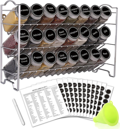 Premium Spice Rack Organizer Set with 24 Glass Jars, 396 Labels, Chalk Marker, and Funnel - Versatile for Countertop, Cabinet, or Wall Mount - Silver Finish