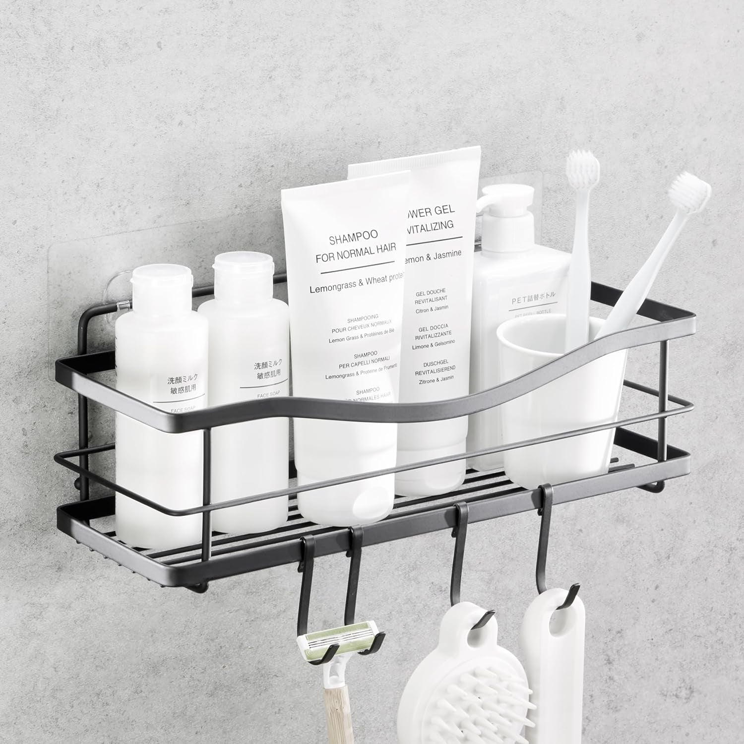 Premium Rustproof Stainless Steel Adhesive Shower Caddy with Four Hooks – No Drilling Required