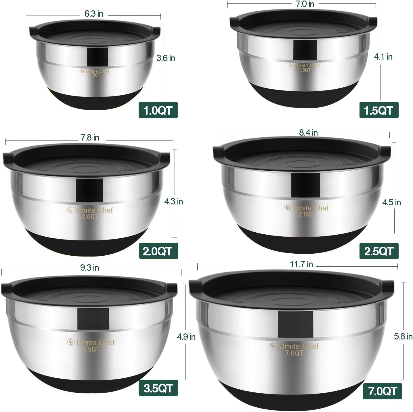 6-Piece Stainless Steel Mixing Bowls with Airtight Lids and Non-Slip Bottoms, Ideal for Mixing and Serving (Black)