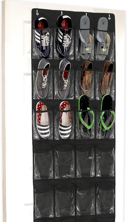 24-Pocket Over-the-Door Shoe Organizer in Crystal Clear with Turquoise Accents (64" x 19")