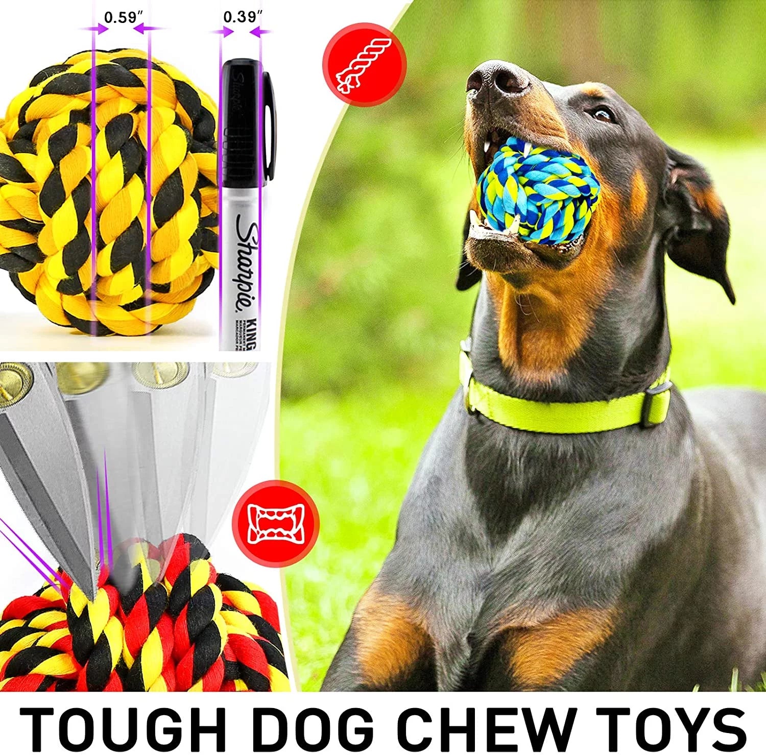 Indestructible Dog Chew Toys Set for Aggressive Chewers - Heavy Duty Balls and Dental Rope Toys for Large and Medium Dogs, 6 Pack