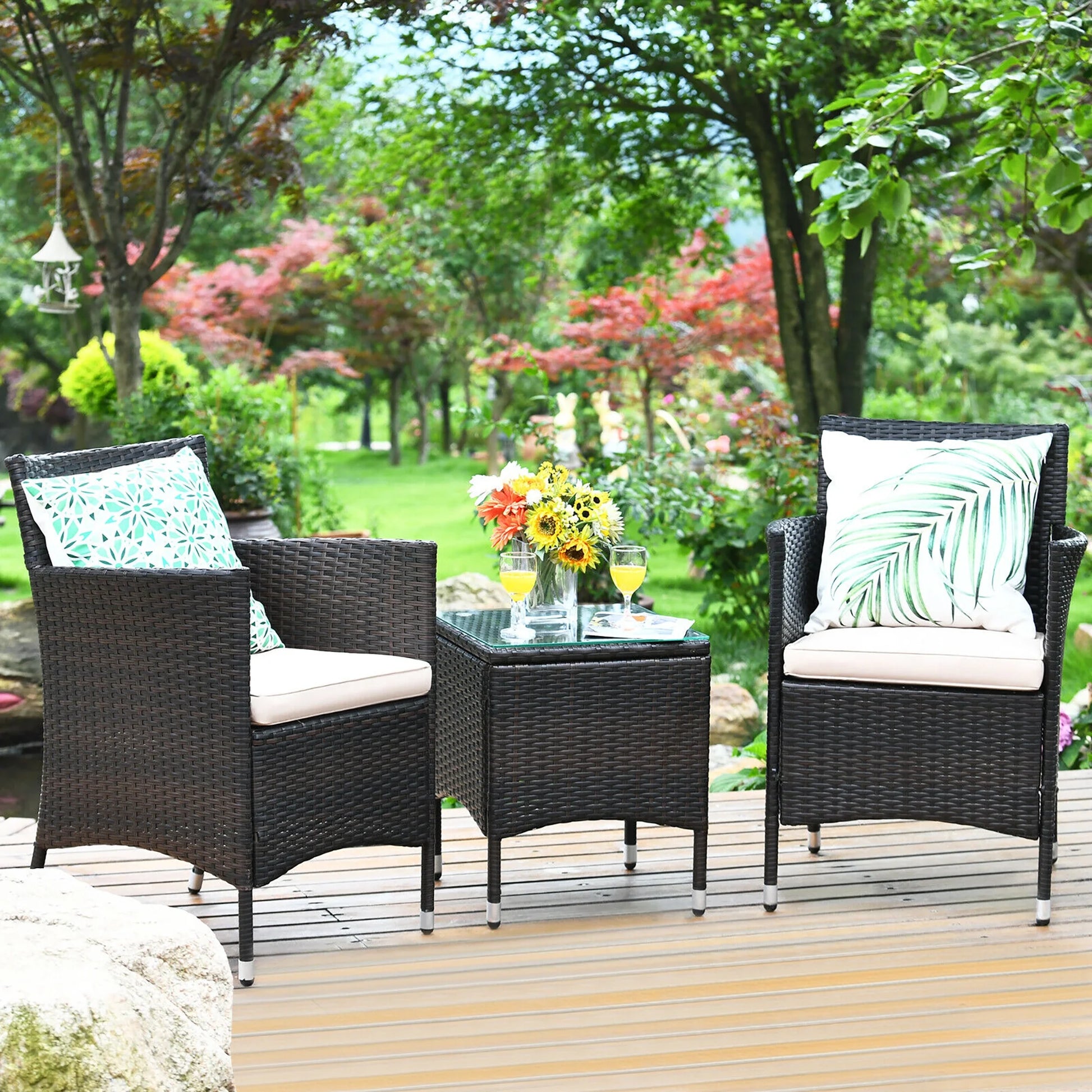 Elegant 3-Piece Navy Rattan Wicker Outdoor Furniture Set with Chairs and Coffee Table for Garden Use