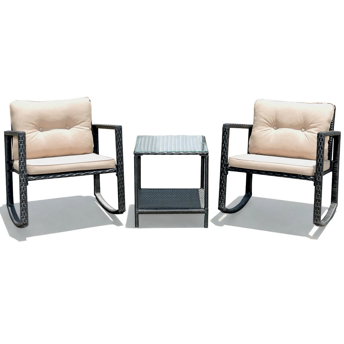 Elegant 3-Piece Rattan Rocking Chair & Table Set with Cushions – Perfect for Your Patio!