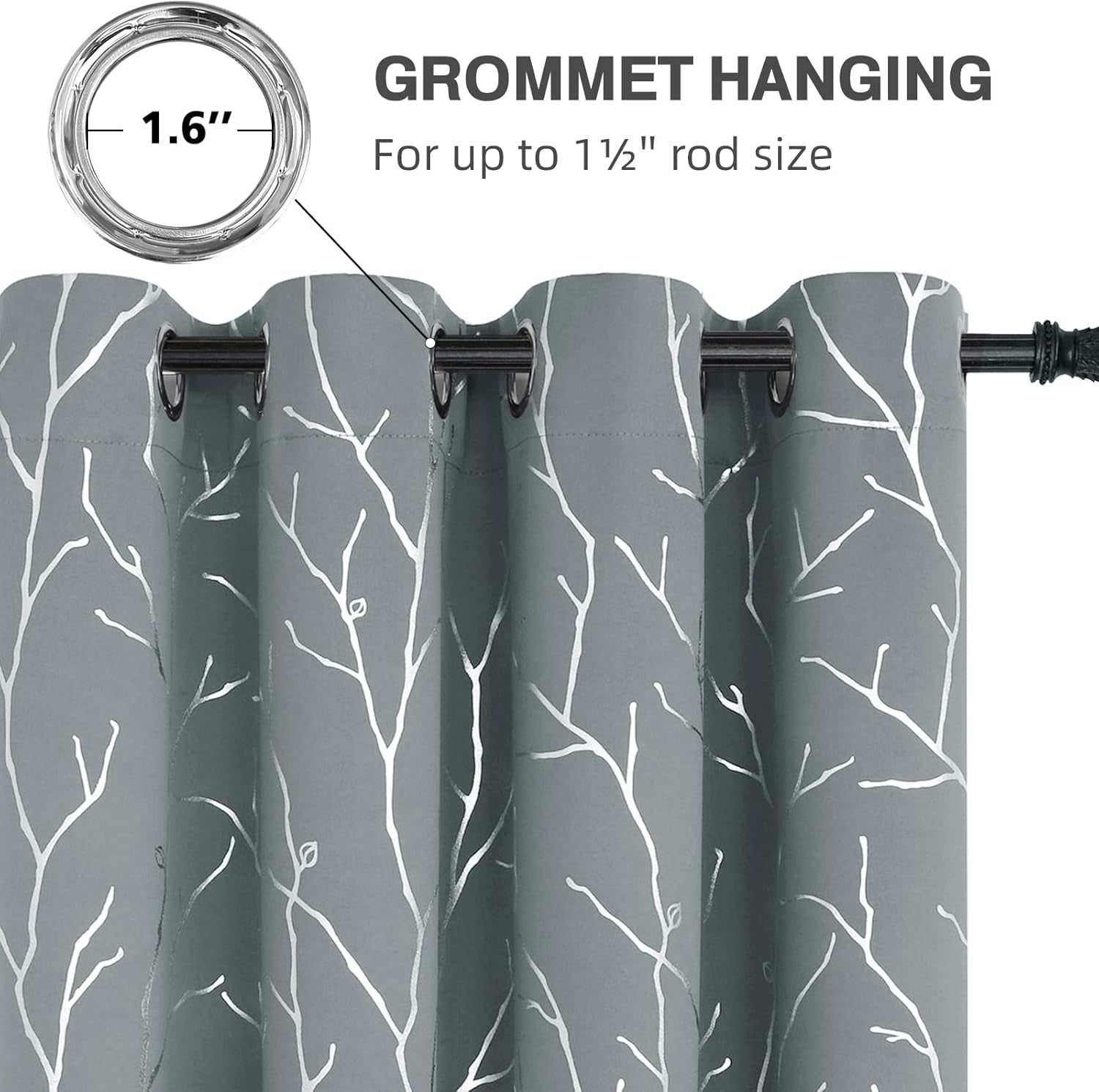 Elegant Light Grey Blackout Curtains with Silver Tree Branch Design, 63-Inch Length, Set of 2 Panels, Windproof, 38W x 63L