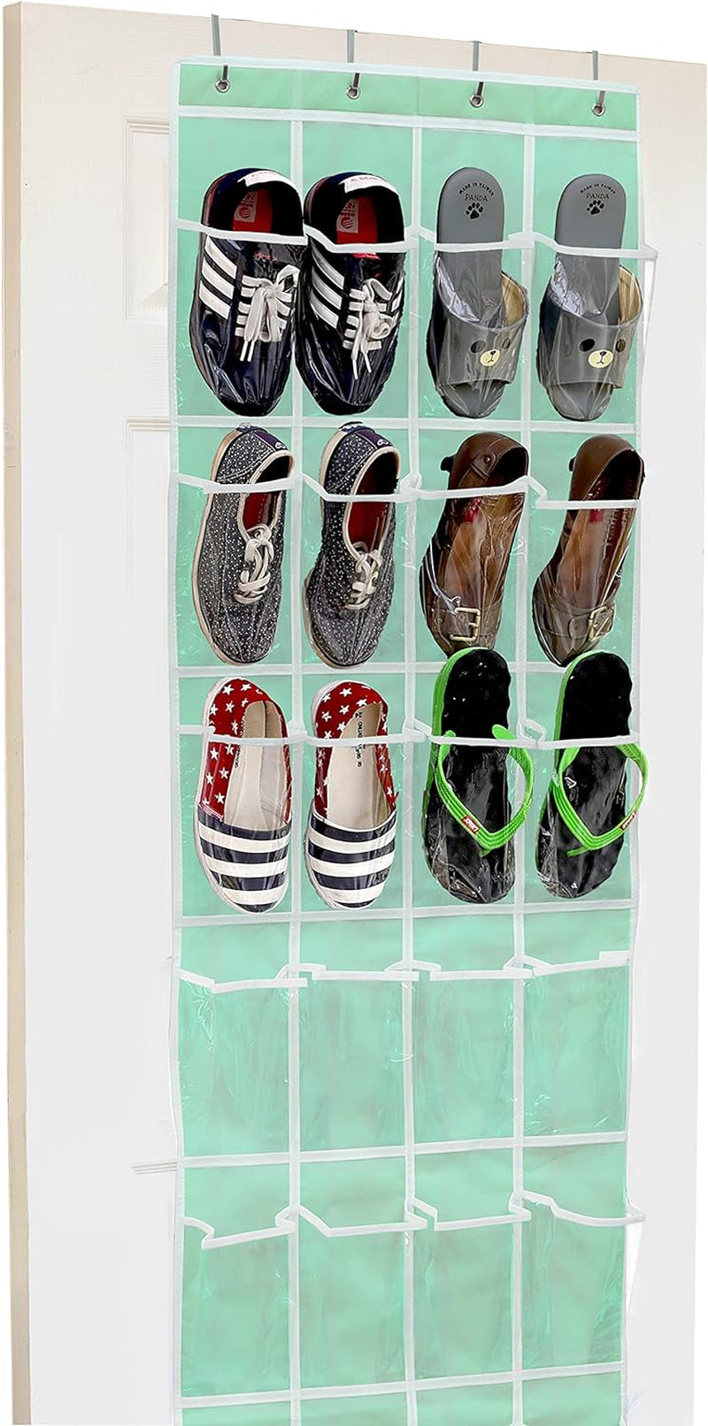 24-Pocket Over-the-Door Shoe Organizer in Crystal Clear with Turquoise Accents (64" x 19")