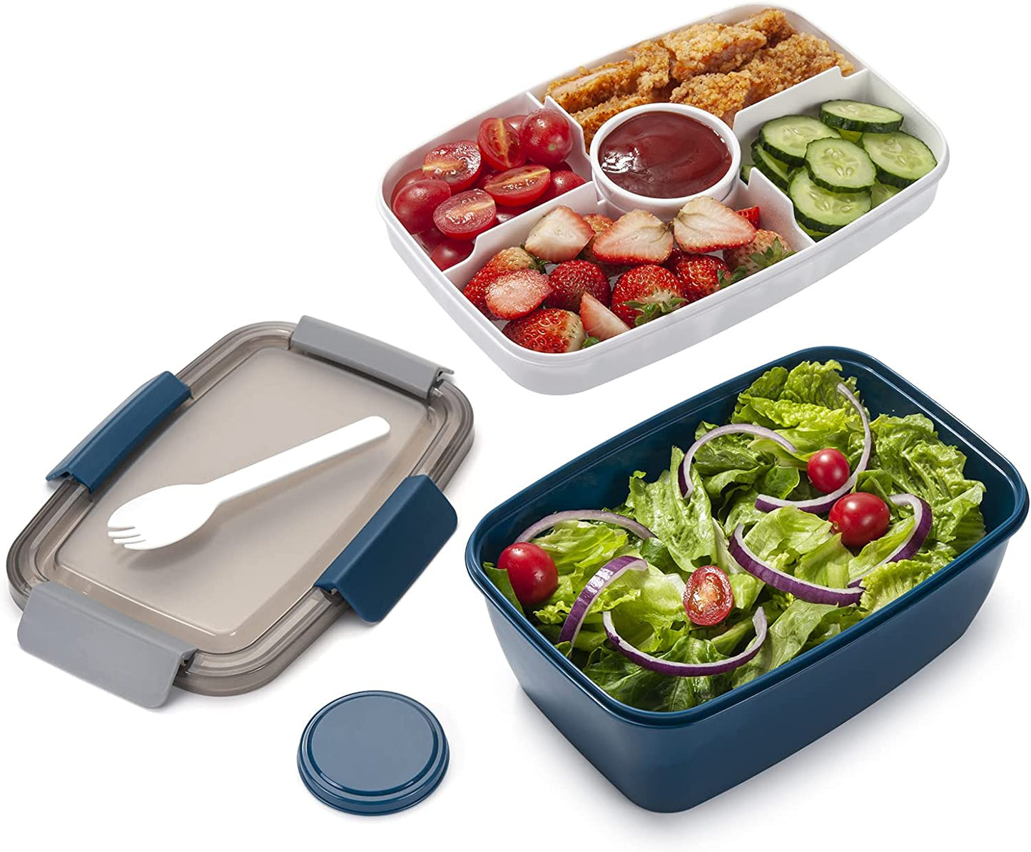 52-Oz Salad Lunch Container with Three Compartments and Dressing Container for On-the-Go Meals, Ideal for Men and Women (Blue)