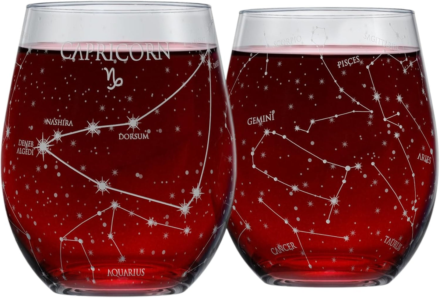 Libra Zodiac Hand-Etched Stemless Wine Glasses - Set of 2, 15 Oz