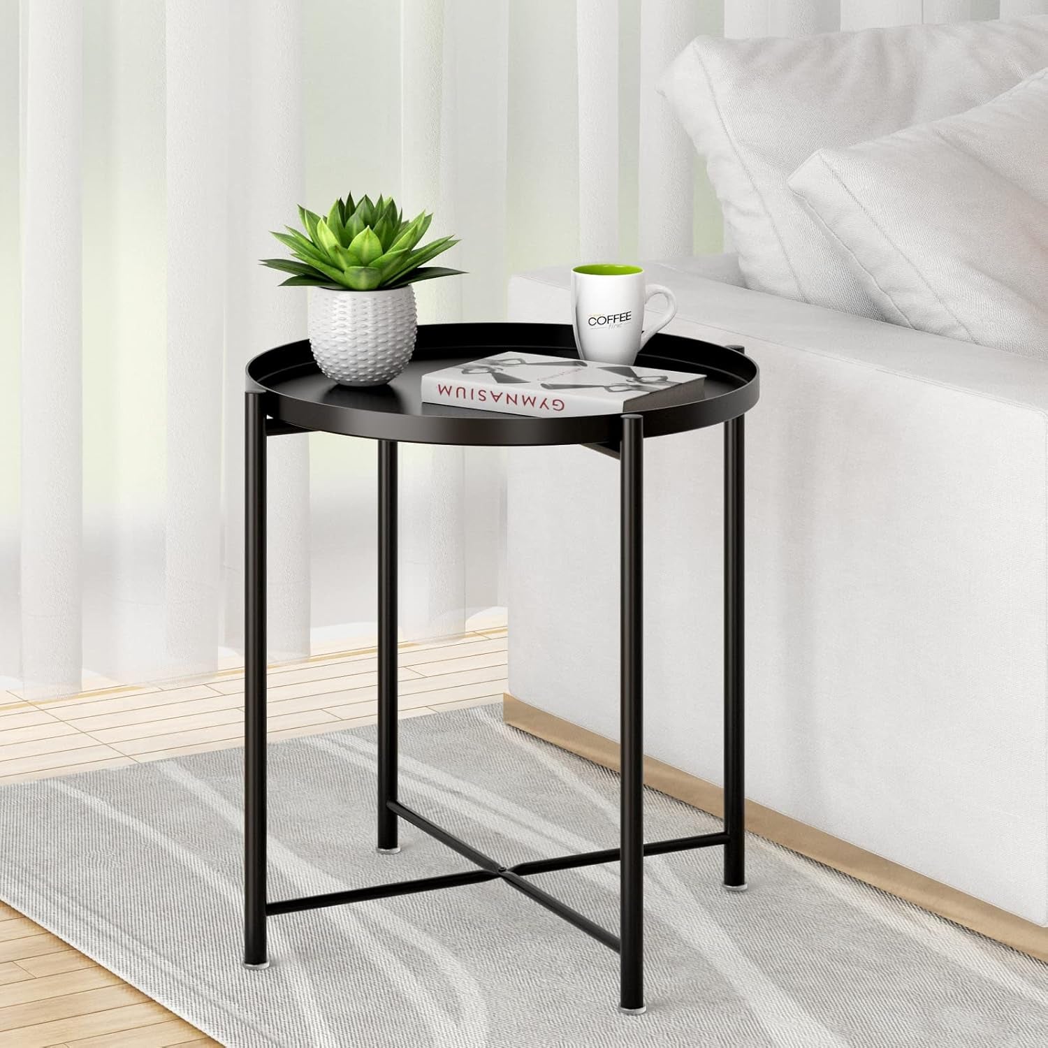 Round Metal Tray End Table - Contemporary Accent Coffee Side Table for Indoor and Outdoor Use, Rust-Resistant and Waterproof, Perfect for Living Room, Bedroom, and Balcony