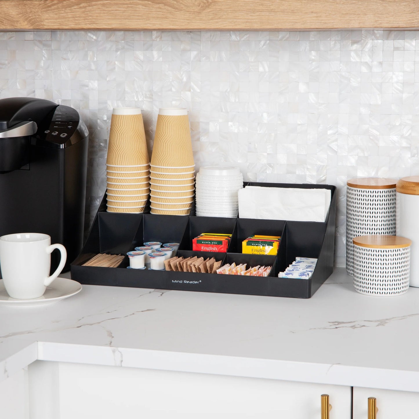 Cup and Condiment Station - Countertop Organizer in Black Finish, Dimensions: 17.87" L x 9.5" W x 6.62" H