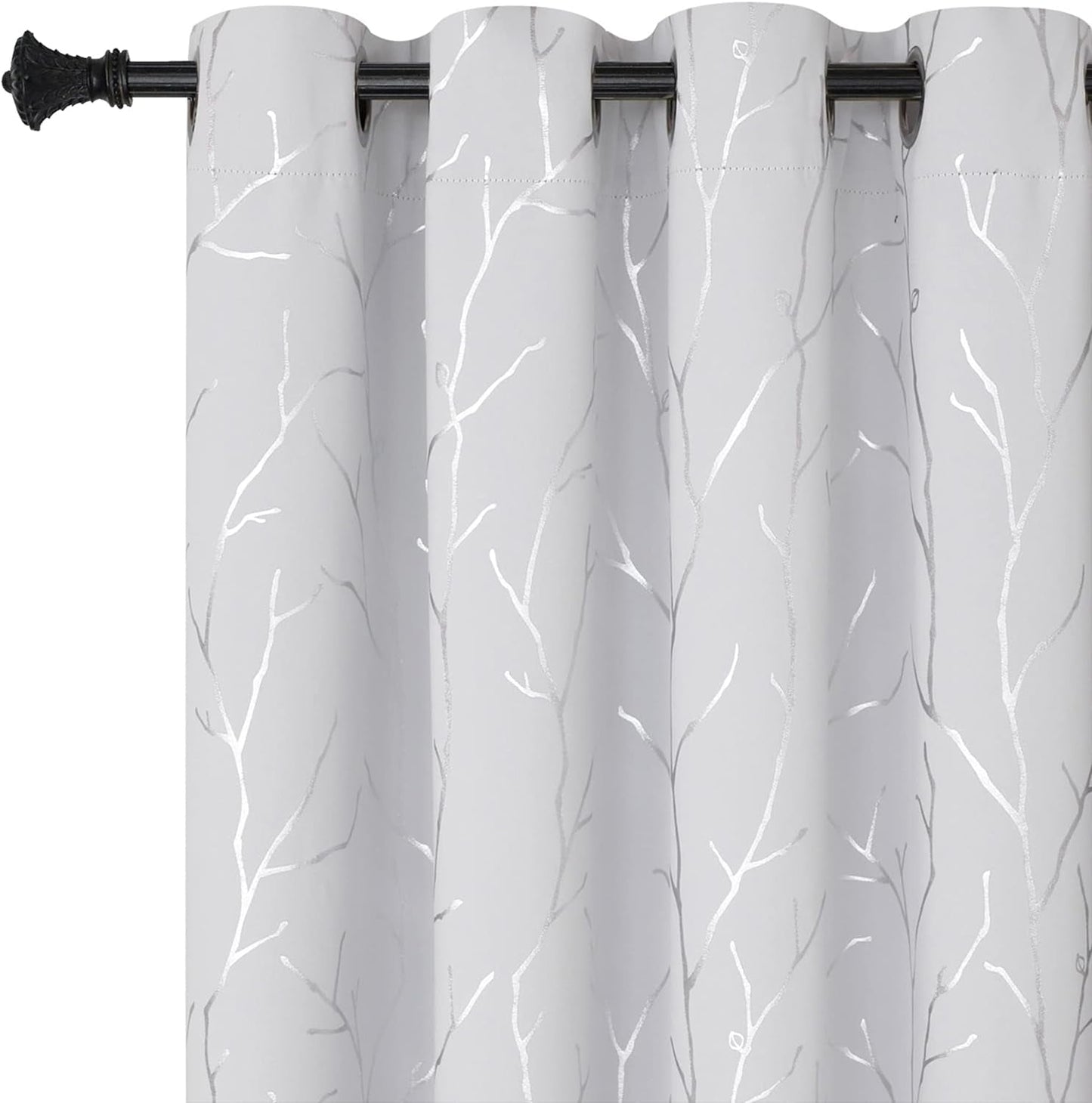 Elegant Light Grey Blackout Curtains with Silver Tree Branch Design, 63-Inch Length, Set of 2 Panels, Windproof, 38W x 63L