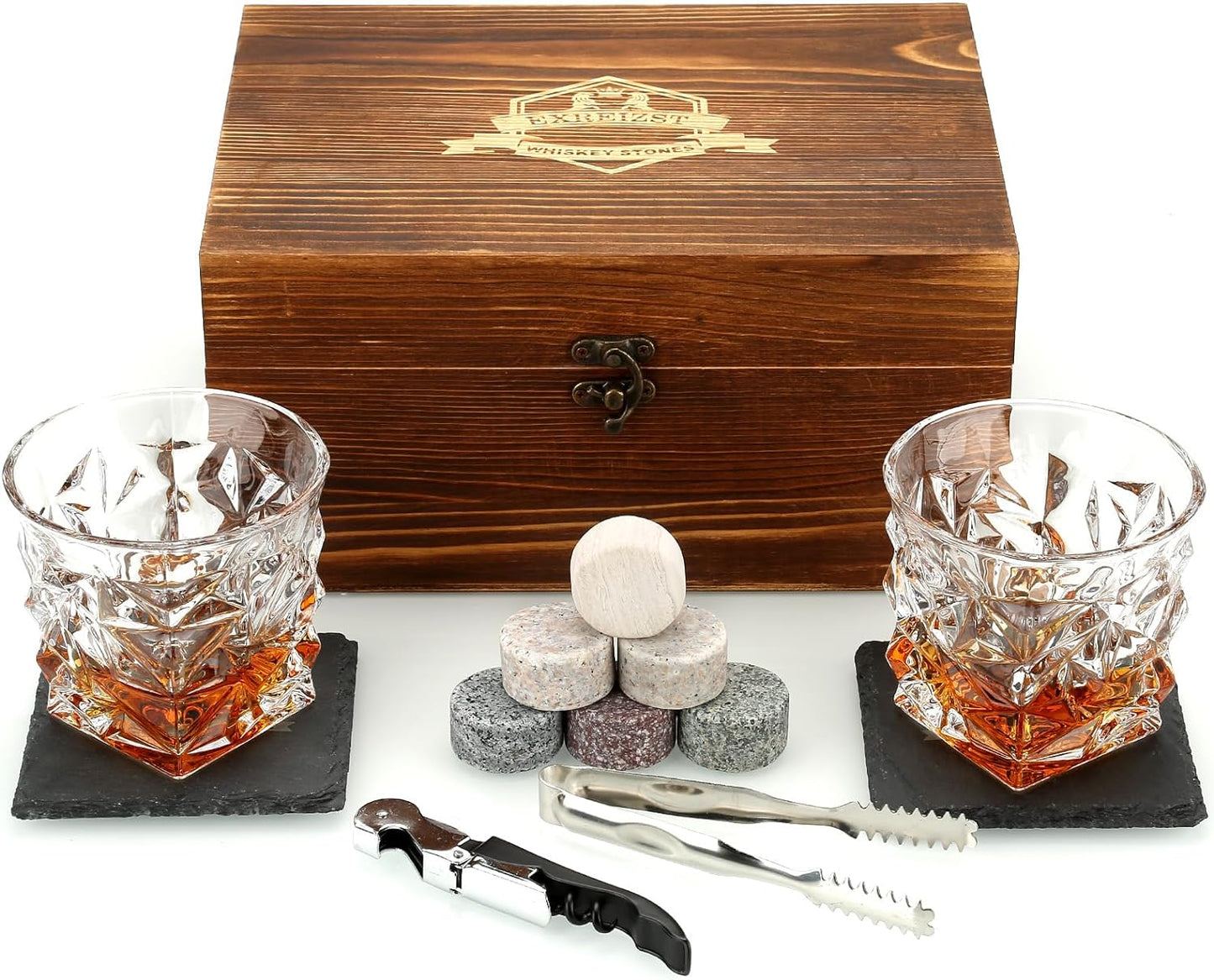 Whiskey Stones Gift Set - Premium Granite Chilling Rocks with Two Elegant Whiskey Glasses - Ideal Gift Box for Scotch and Bourbon Enthusiasts - Perfect for Christmas, Birthdays, and Special Occasions