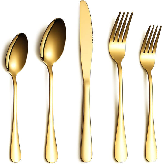 20-Piece Elegant Titanium Gold-Plated Stainless Steel Flatware Set for Four with Polished Finish