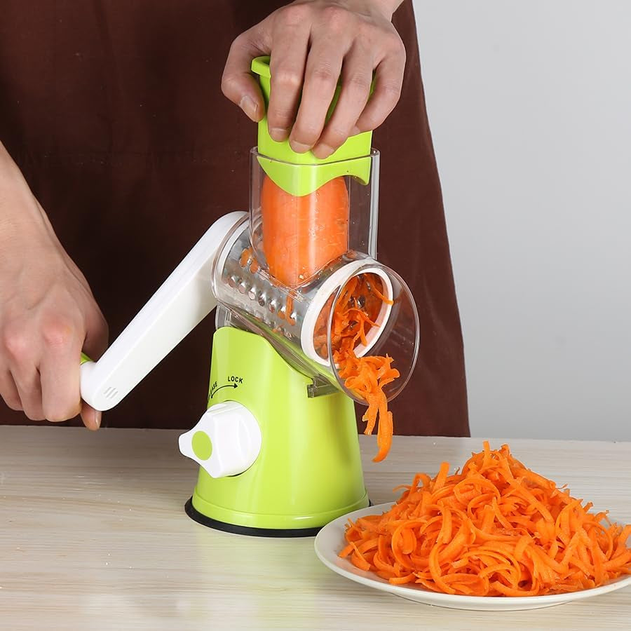 Hand Crank Rotary Cheese Grater and Kitchen Shredder with Three Drum Blades for Cheese, Vegetables, Nuts, and More - Green