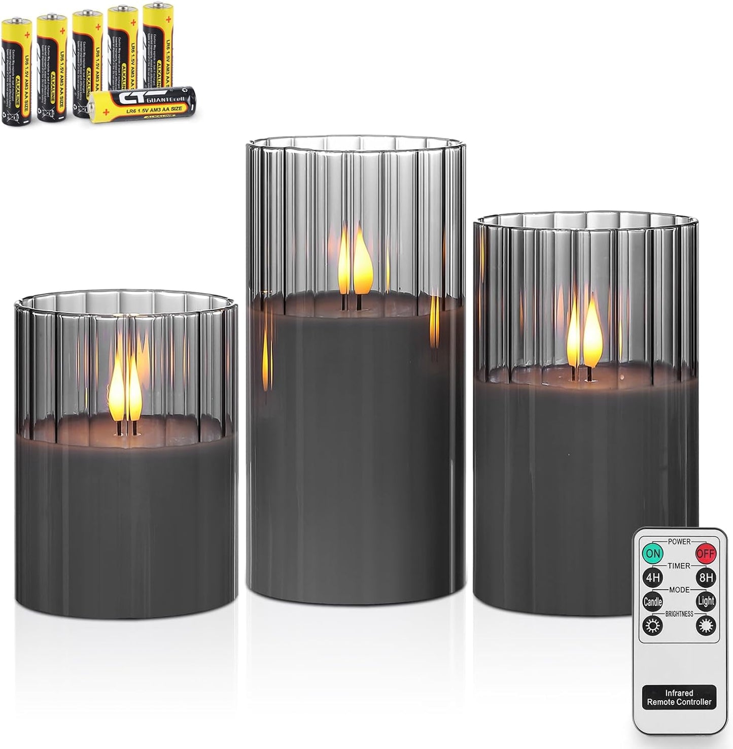 Battery-Operated LED Candles with Remote Control and Timer, Smoked Ribbed Glass Design, Warm White Light - Set of 3 with 6 Batteries Included for Home Decor