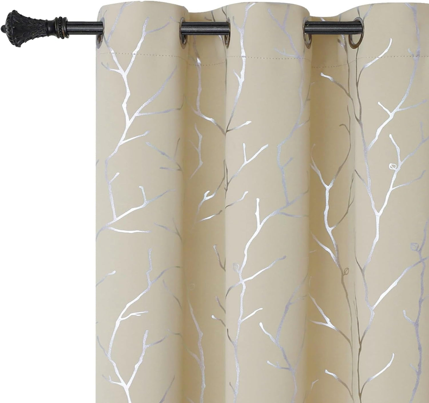 Elegant Light Grey Blackout Curtains with Silver Tree Branch Design, 63-Inch Length, Set of 2 Panels, Windproof, 38W x 63L