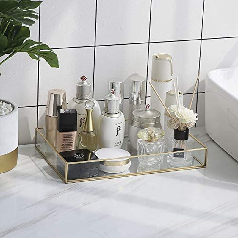 Sophisticated Gold Mirror Tray for Jewelry and Makeup Organization