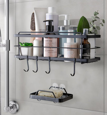 Premium Rustproof Stainless Steel Adhesive Shower Caddy with Four Hooks – No Drilling Required