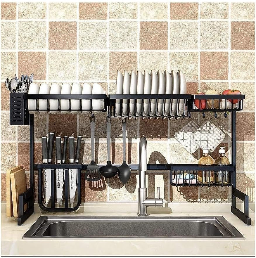 Adjustable 2-Tier Stainless Steel Over-Sink Dish Drying Rack for Kitchen Organization (26"-38") - Black Finish