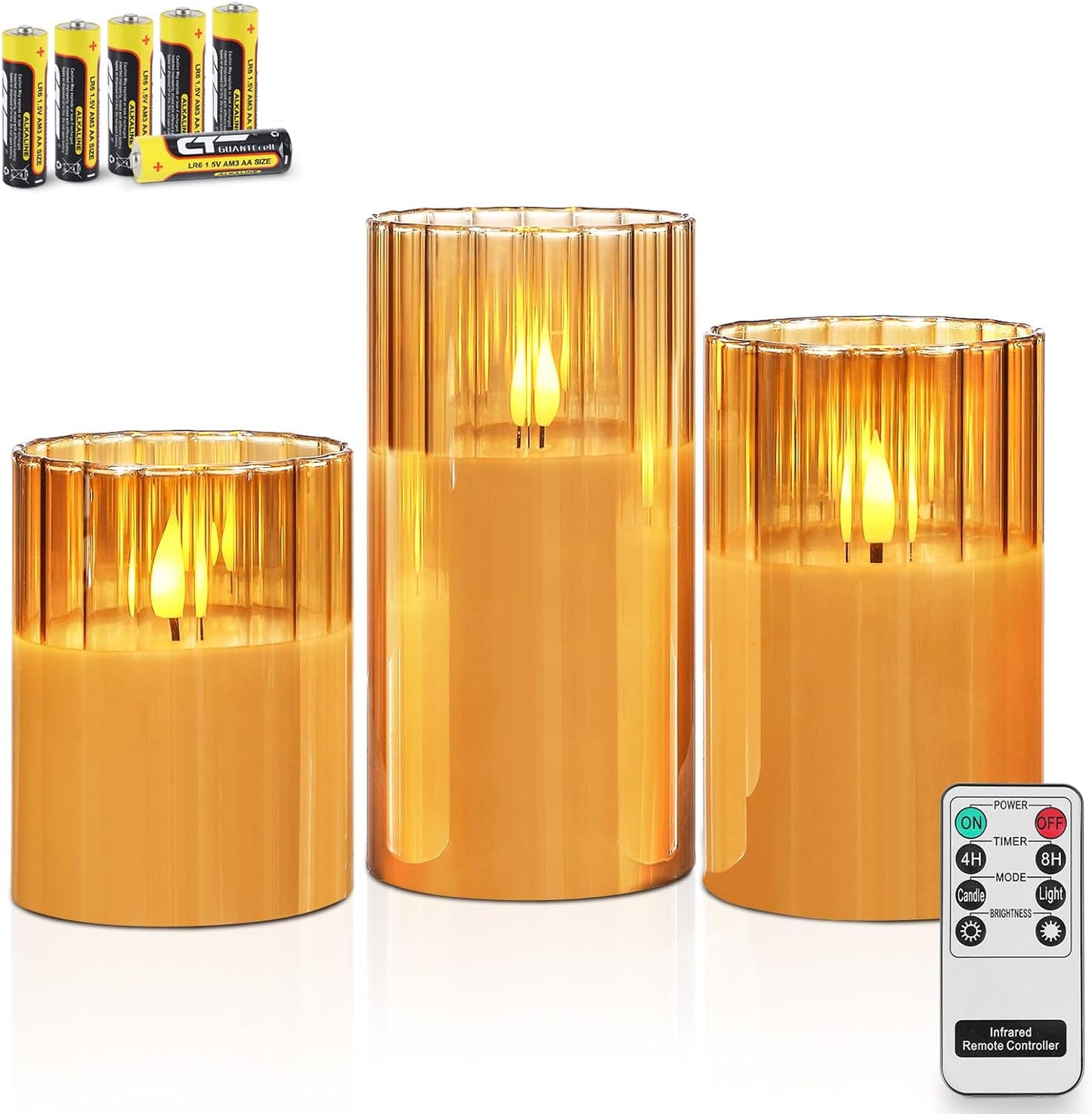 Battery-Operated LED Candles with Remote Control and Timer, Smoked Ribbed Glass Design, Warm White Light - Set of 3 with 6 Batteries Included for Home Decor