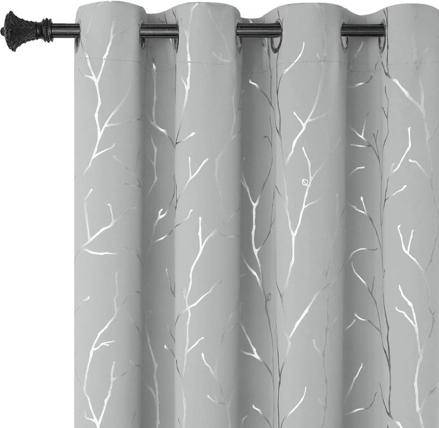 Elegant Light Grey Blackout Curtains with Silver Tree Branch Design, 63-Inch Length, Set of 2 Panels, Windproof, 38W x 63L