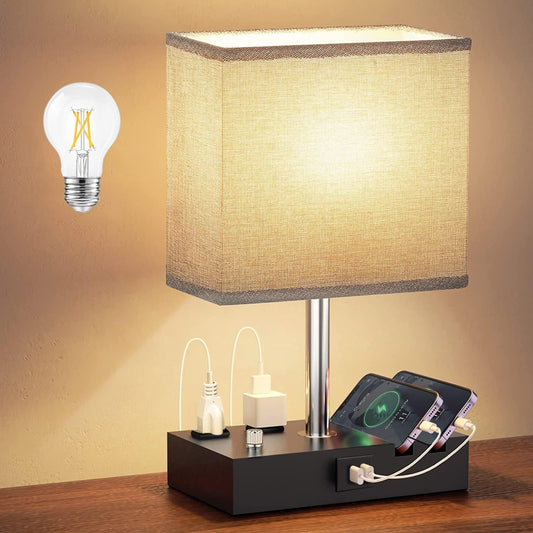 Modern Dimmable Table Lamp with Dual USB Ports, AC Outlets, and Phone Slots - Compact Bedside Lamp for Bedroom and Living Room with LED Bulb Included