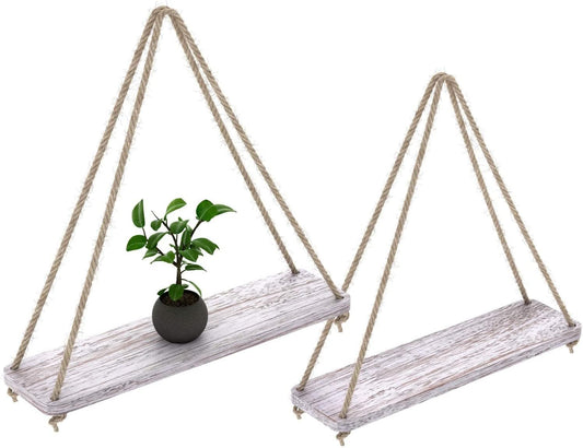 Rustic Farmhouse Bohemian Wall Shelves - Set of 2, Distressed Real Wood with String, 17” x 5.2”, Elegant Brown Finish