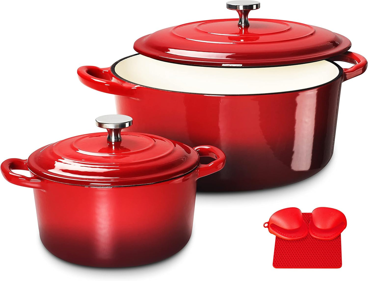 3QT Enamel-Coated Cast Iron Dutch Oven with Loop Handles and Lid in Red